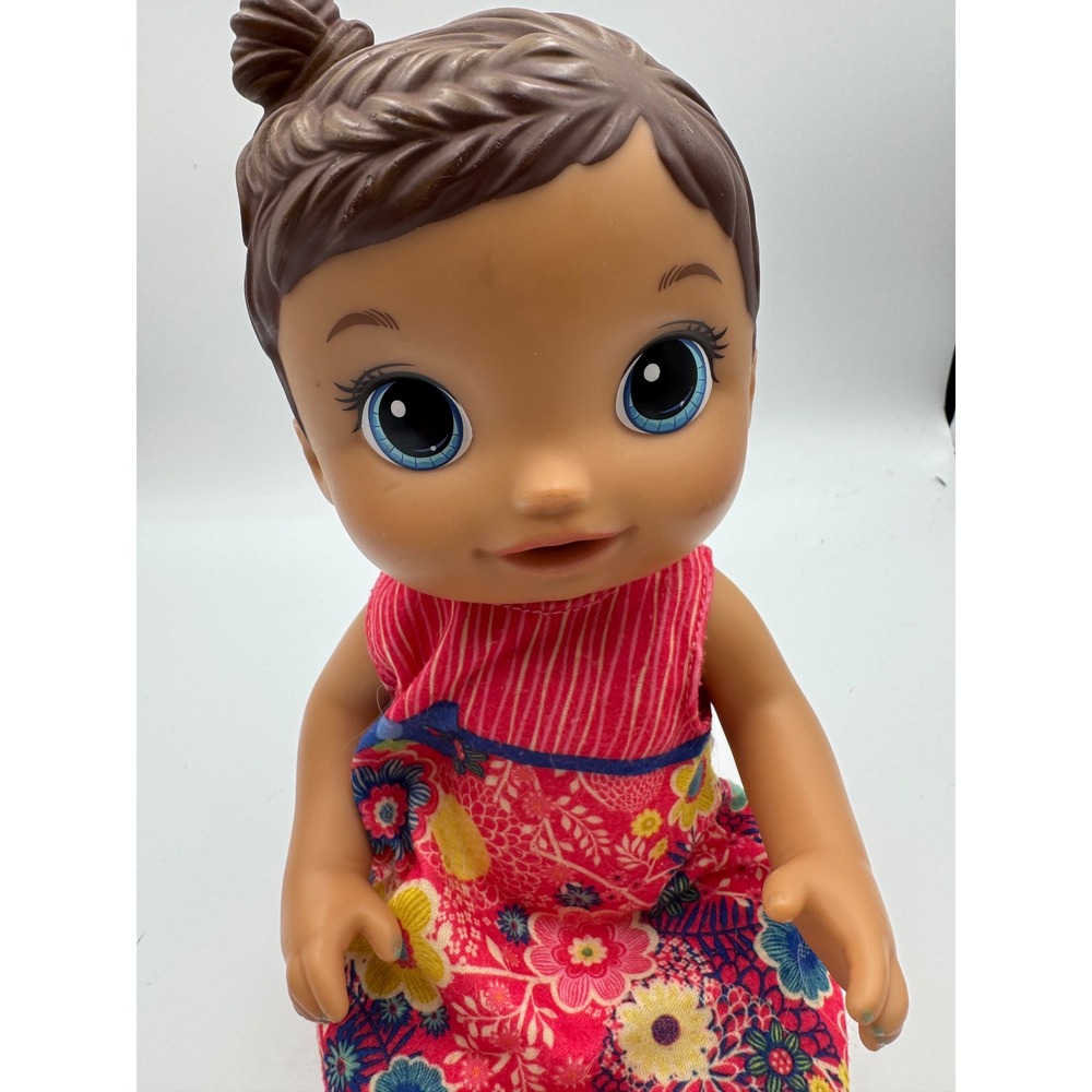 Hasbro Baby Alive 2016 Molded Brown Hair Blue Eyes Pink Floral Dress 9.5 Inch
